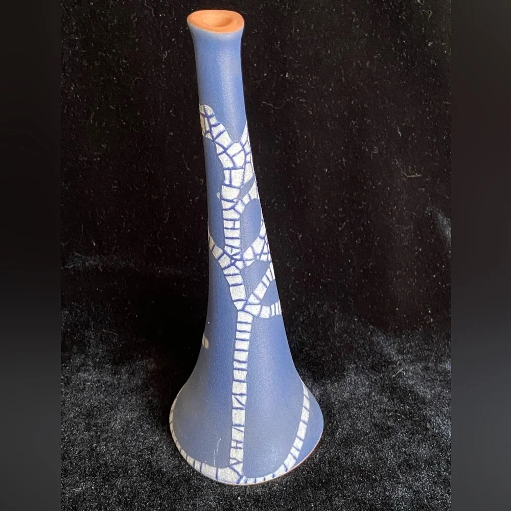 🖤 Modernist Red Clay Crackle Glaze Cobalt Blue Single Stem Bud Vase